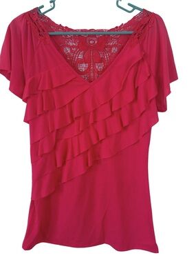 3/$20 Deb Hot Pink Ruffled Lace-Back Short Sleeve Top
